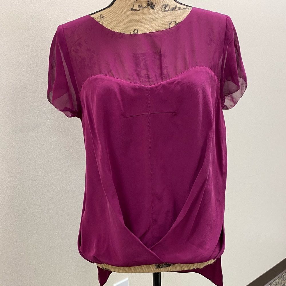Artelier Nicole Miller magenta pink silk high low crossover blouse top